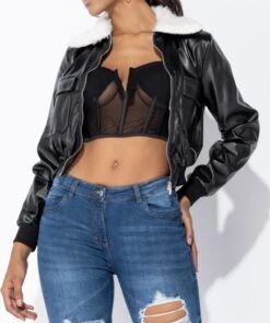 Merkloos Yugo Mode - Black PU Patch Pocket Zip Front Faux Fur Collar Bomber Jacket -ONLY Winkel 1004x1200 3