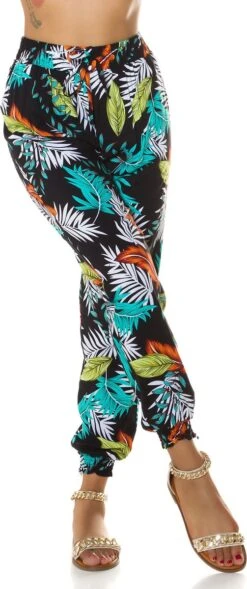 Merkloos Zomerbroek Strandbroek Dames Broek Fashion Hoge Taille Tropische Bloemmotief Zwart Maat XL -ONLY Winkel 503x1200 1