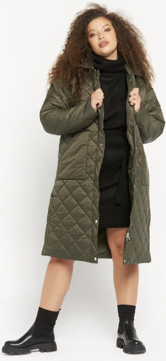 LOLALIZA Lange Gewatteerde Jas Met Ruit - Khaki - Maat M 3 LOLALIZA Lange Gewatteerde Jas Met Ruit - Khaki - Maat M