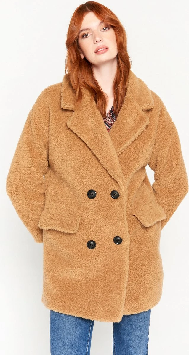 LOLALIZA Halflange Teddy Jas Met Kraag - Camel - Maat L 3 LOLALIZA Halflange Teddy Jas Met Kraag - Camel - Maat L