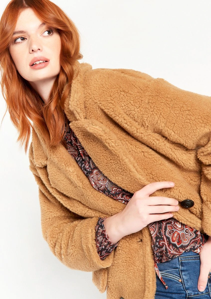 LOLALIZA Halflange Teddy Jas Met Kraag - Camel - Maat L 6 LOLALIZA Halflange Teddy Jas Met Kraag - Camel - Maat L - Afbeelding 4