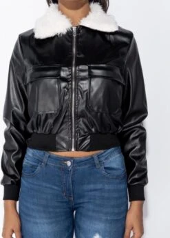 Merkloos Yugo Mode - Black PU Patch Pocket Zip Front Faux Fur Collar Bomber Jacket -ONLY Winkel 860x1200 14