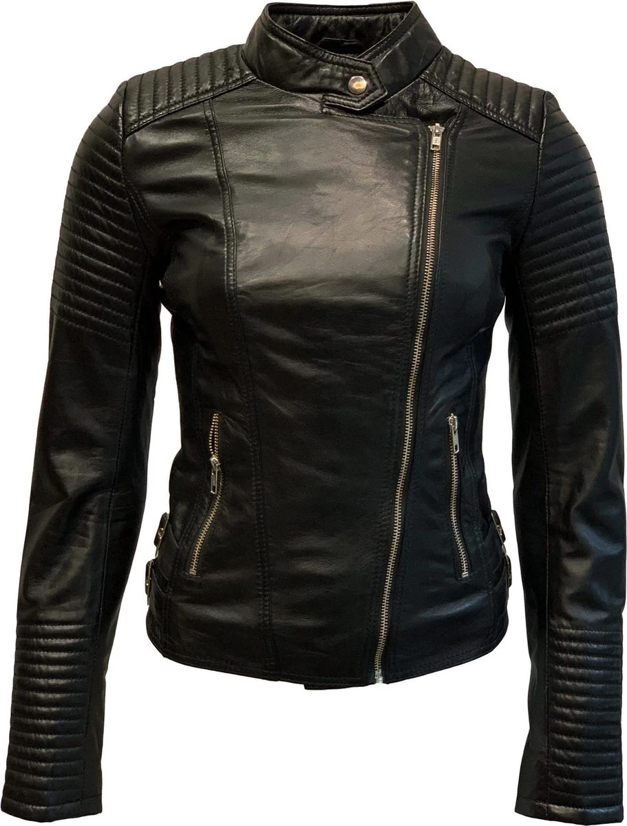 Merkloos Zwarte Leren Bikerjack Dames - Barcelona- 100% Echt Leer - Zwart - M 3 Merkloos Zwarte Leren Bikerjack Dames - Barcelona- 100% Echt Leer - Zwart - M